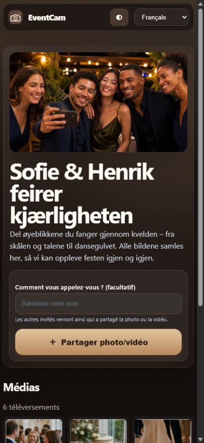 Capture d’écran de la page invité EventCam sur mobile