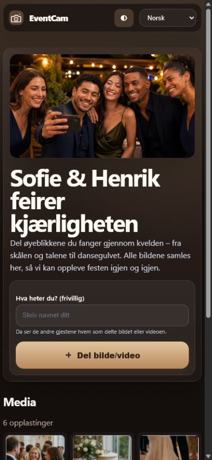 Skjermbilde av EventCam gjestesiden på mobil